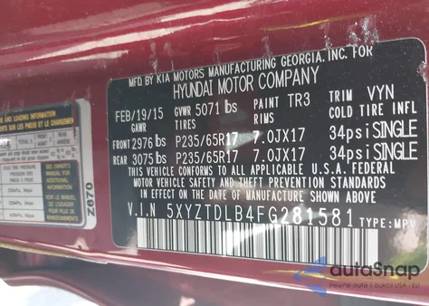 2015 Hyundai Santa Fe Sport 2.4L from USA, damaged, VIN 5XYZTDLB4FG281581